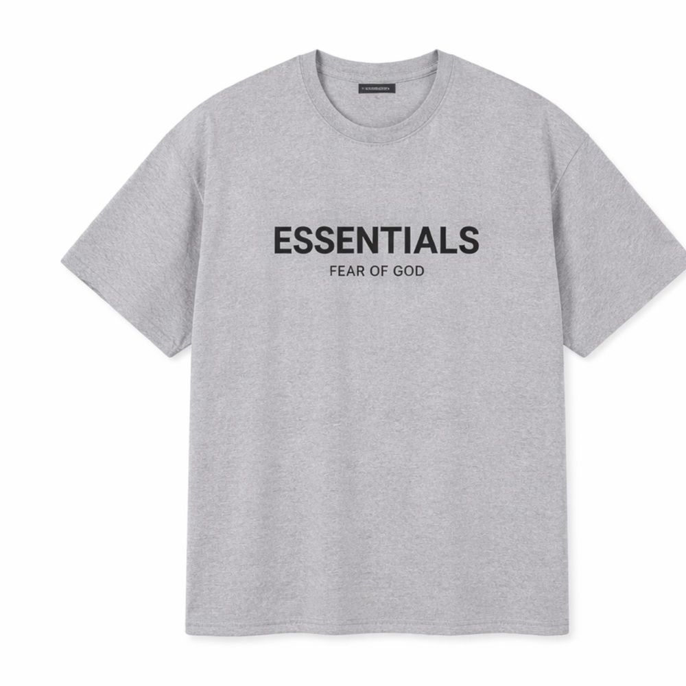 Fear of God Heather Gray Tee with Black Vertical 'ESSENTIALS'